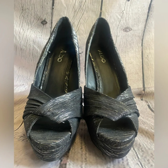Women’s Aldo Disco Diva Black Silver Metallic Peep Toe Platform Heels‎ 40 Size 9 - Picture 12 of 14